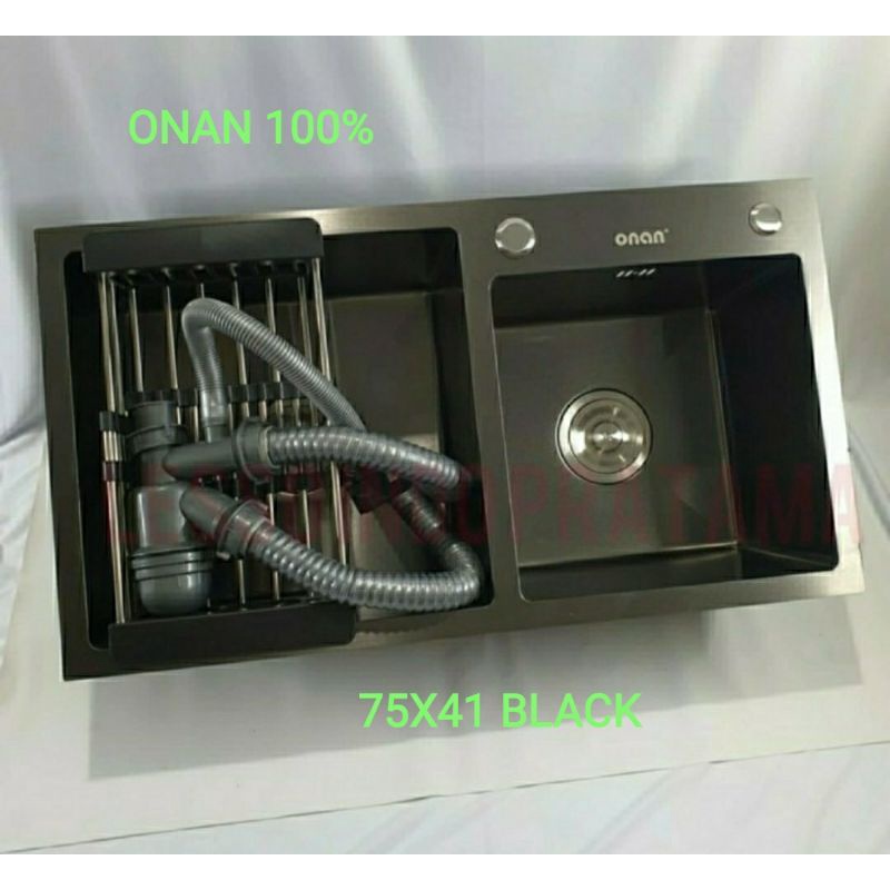 Kitchen Sink 7541 Hitam Onan Golden Hand+Kran Cuci Piring+Tempat Sabun Cair Hitam