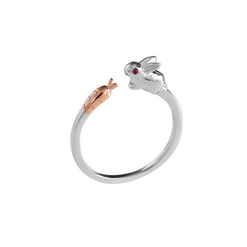 Cute Adjustable   Sliver  Rabbit   Eat Carrot Ring