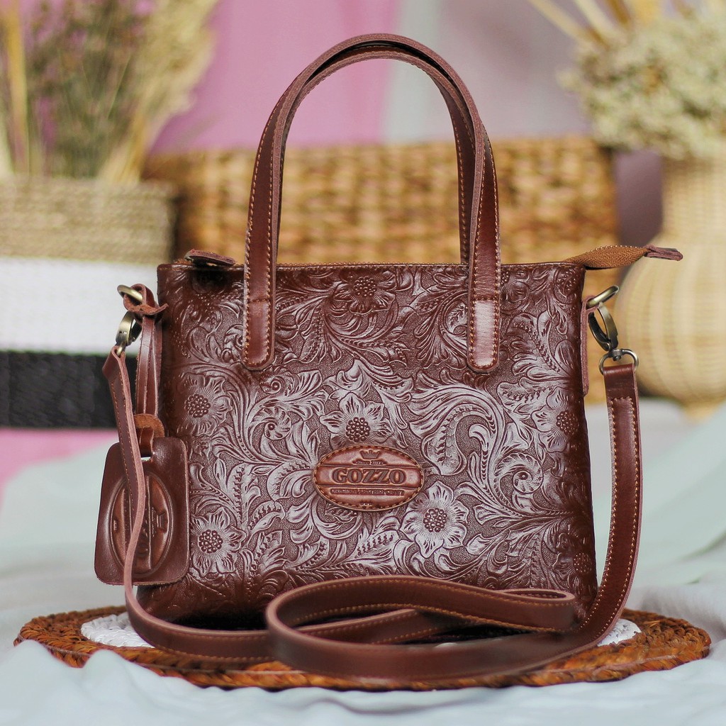 NEW !! TAS KULIT ASLI SLEMPANG MODEL MINI RACHEL KULIT SAPI MOTIF BATIK HAVANA / FREE GRAVIR NAMA