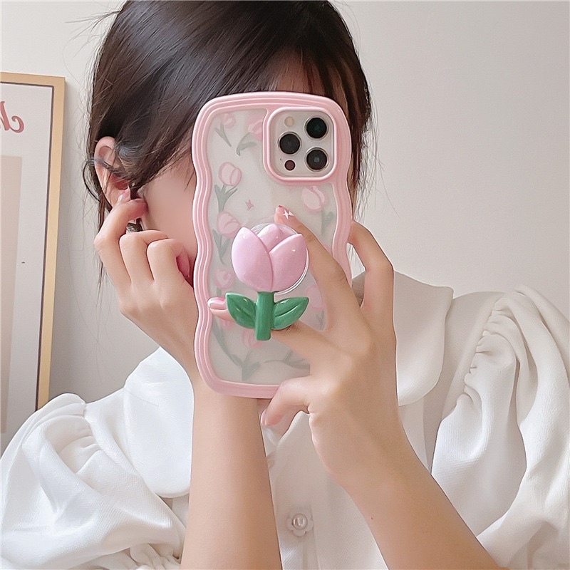 Pastel Pink Case with Tulip Holder Softcase Case HP Lucu for iphone XS Max XR 11 Pro Max 12 Pro Max 13 Pro Max