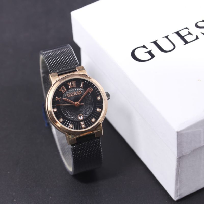 (E)JAM TANGAN WANITA GUESS NEW COLLECTION FASHION WANITA TALI RANTAI PASIR STEINLESS PREMIUM FREE BOX ORIGINAL SESUAI FOTO