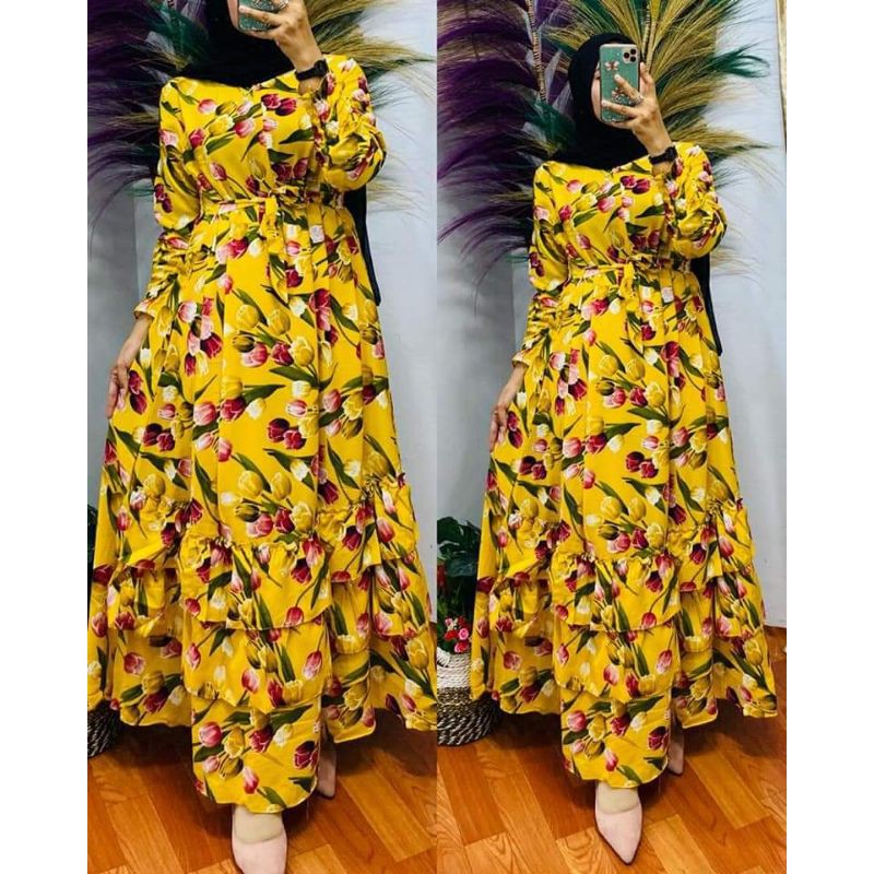 Gamis Monalisa rempel bawah/gamis motif bunga tulip