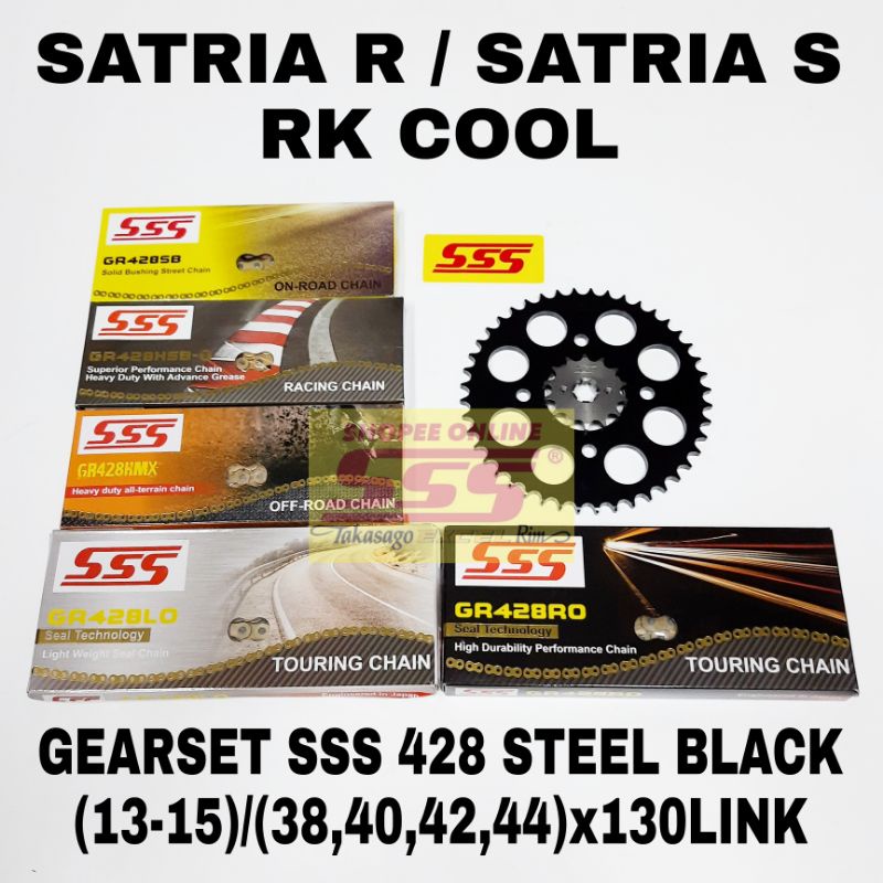 GEARSET / GIRSET / 1SET GIR RANTAI STEEL BLACK SSS TIPE 428 SB HSB HSBT HMX LO RO UNTUK SATRIA R SAT
