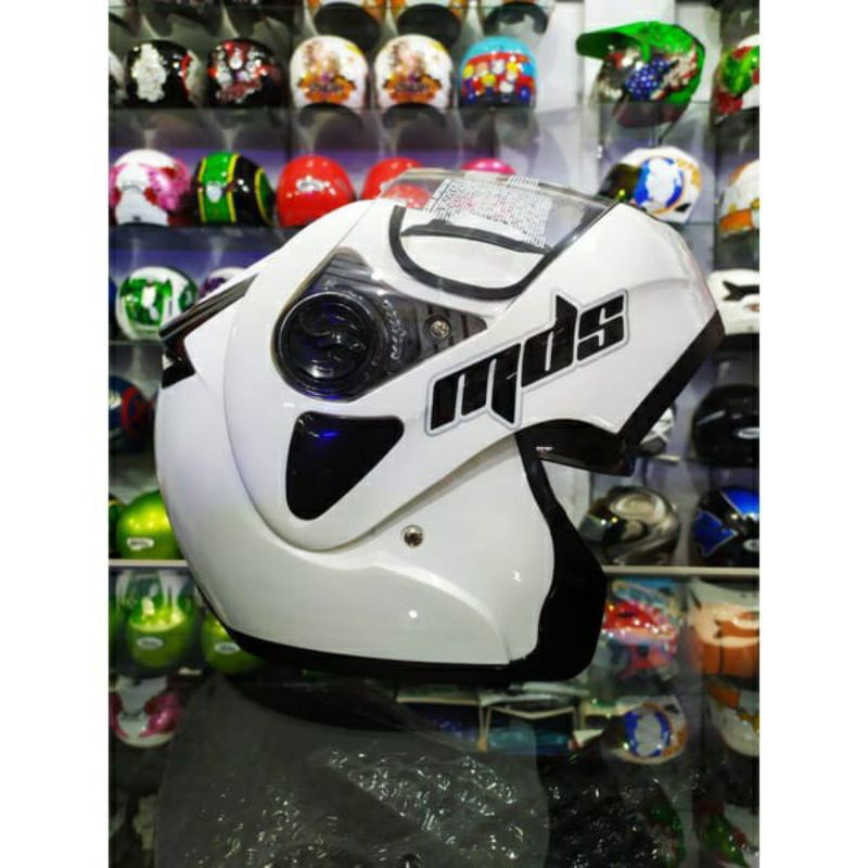 HELM MDS PRO RIDER SOLID WHITE PUTIH MODULAR DOUBLE VISOR| mds pro rider helm modular