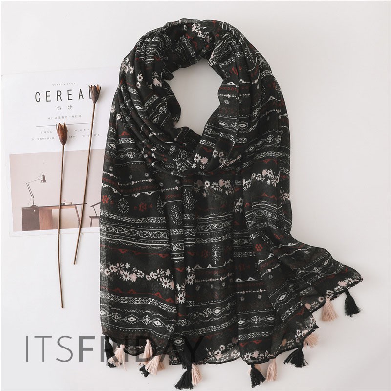 ITSFRIDAY AZURA Scarf  - Premium Pashmina Shawl Selendang Syal Pasmina Hijab Import Motif Oat Black Tassel