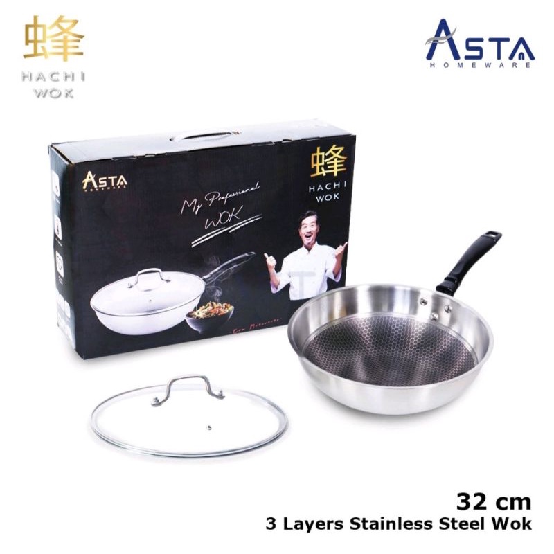 ASTA HACHI WOK STAINLESS - MOTIF HONEY COMB - UKURAN 32 CM