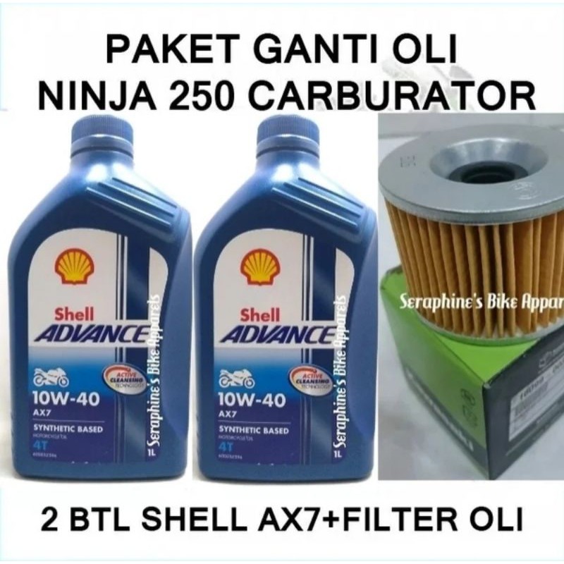 PAKET GANTI OLI SHELL ADVANCE AX7 10W40 2x1L + FILTER OLI KAWASAKI NINJA 250R OLD KARBU KARBURATOR