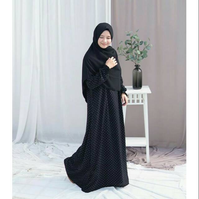 Gamis polkadot cantik syar'i hitam Q dots hijab alila