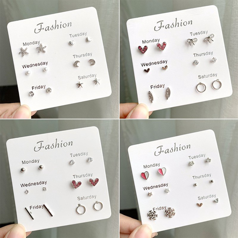 6Pcs / Set Anting Tusuk Model Kristal Satu Minggu Simple Gaya Korea untuk Wanita