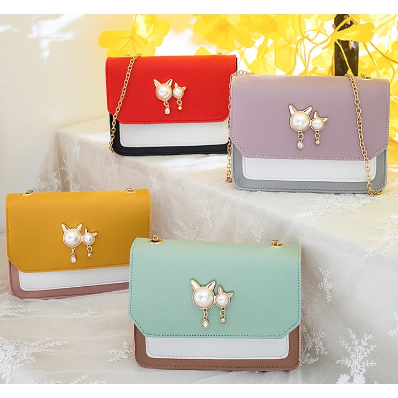 GrosirMart Tas Korea Wanita Selempang Motif Mutiara Kucing Woman Fashion Bag Pearl Cat Tas Import A4