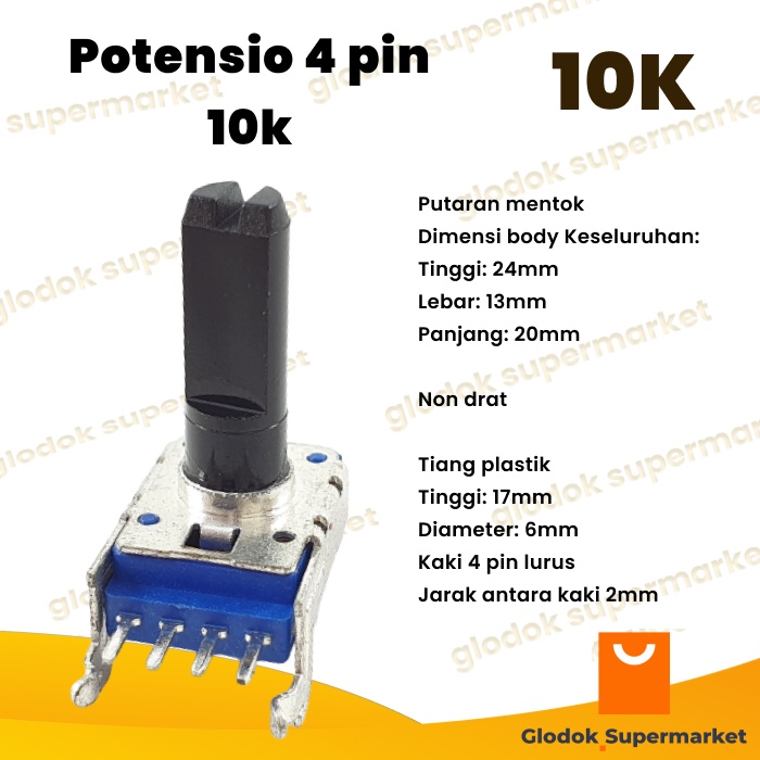 Potensio 4 pin 10k Stereo Kaki 4 Lurus Segi Biru 103