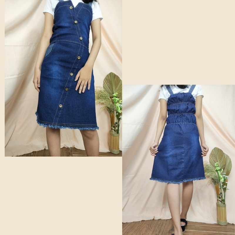 SB Collection Overall Dress Midi Andini Pendek Jeans Jumpsuit Wanita Biru Muda dan Tua