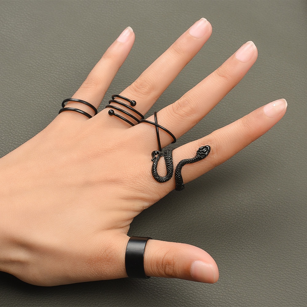 5pcs / Set Cincin Model Terbuka Desain Ular Silang Spiral Warna Hitam Dapat Disesuaikan Untuk Wanita