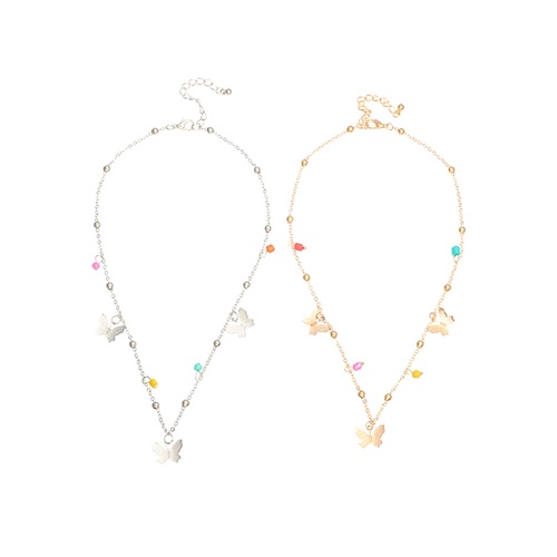 LRC Perhiasan Set Fashion Color Mixing Rice Bead Pendant Small Butterfly Alloy Necklace Set K37037