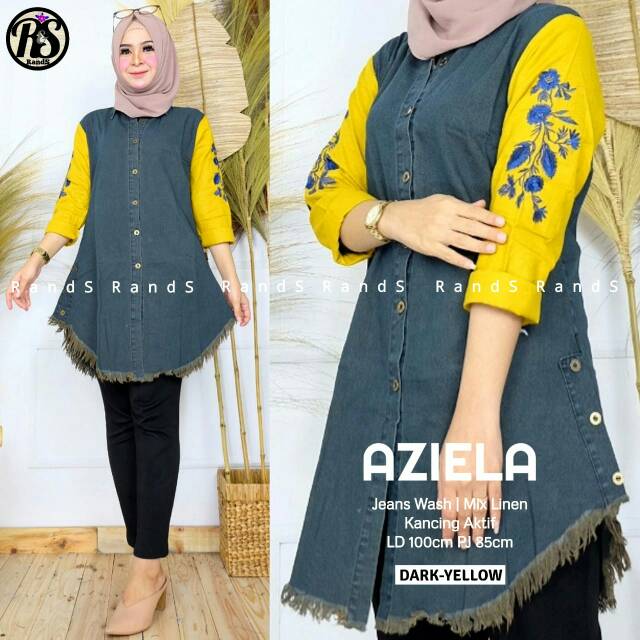 TUNIK JEANS BUSUI // AZIELA // BAHAN JEANS WASH KOMBINASI KATUN LINEN