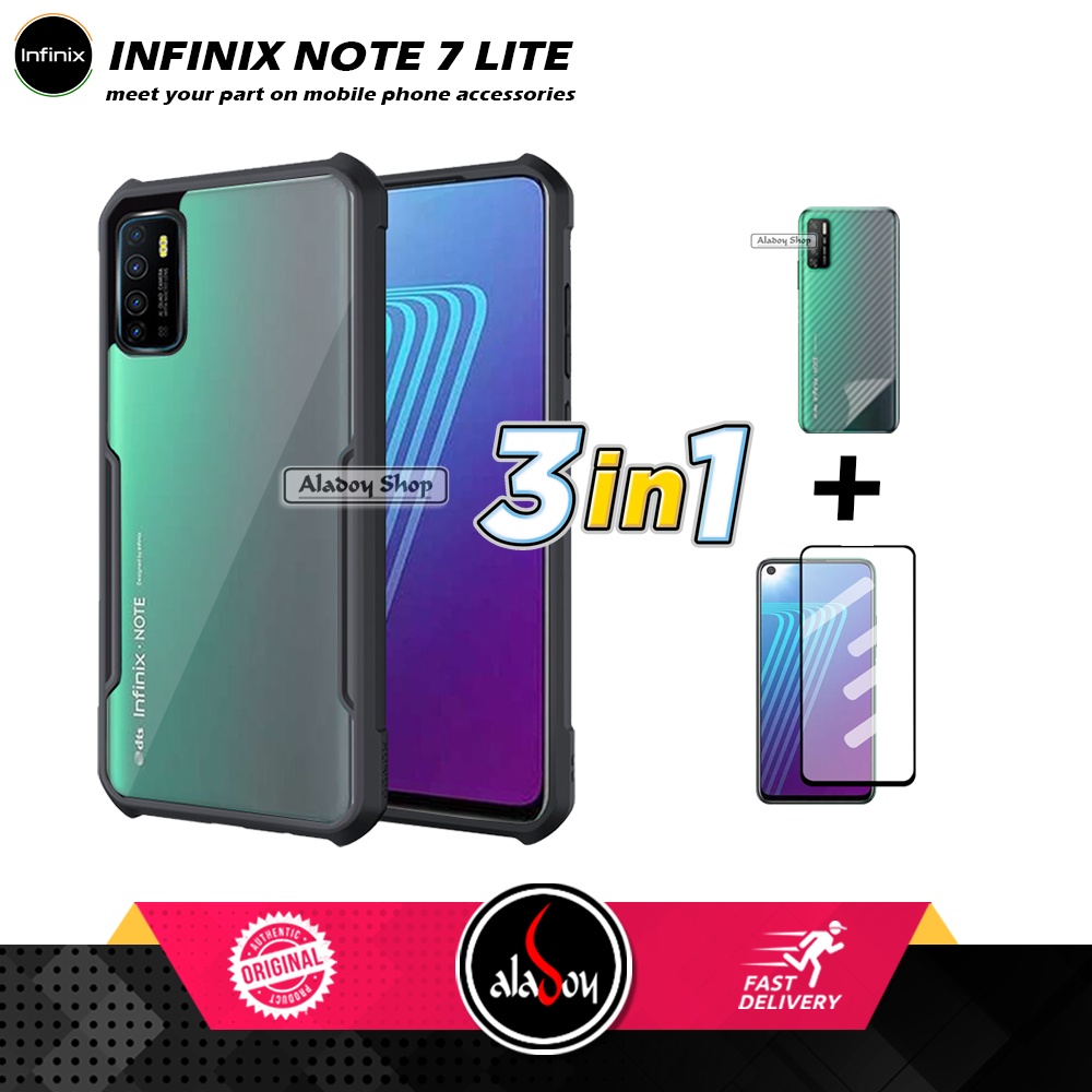 Case Infinix Note 7 Lite Armor Fushion Transparent Casing + Tempered Glass Full Layar dan Skin Carbon