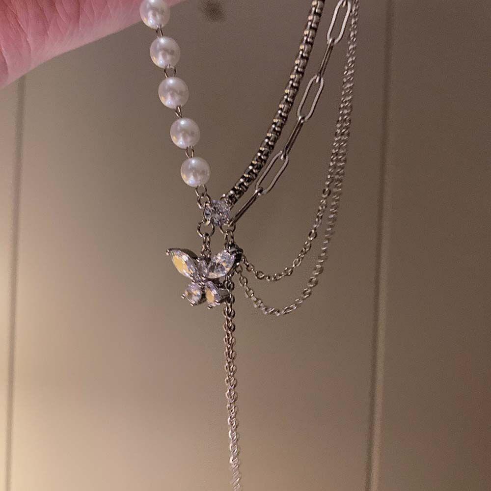 Mxbeauty Kalung Mutiara Elegan Hip Hop Perempuan Berlian Imitasi Choker Kupu-Kupu Liontin Wanita Rantai Klavikula