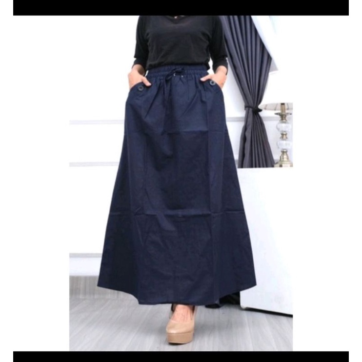 ROK BAHAN KATUN RAMI HITS OOTD - Rok Panjang - Rok Bahan Kekinian - Rok Bahan Linen-Rok Kekinian-Bawahan Wanita-Hitam