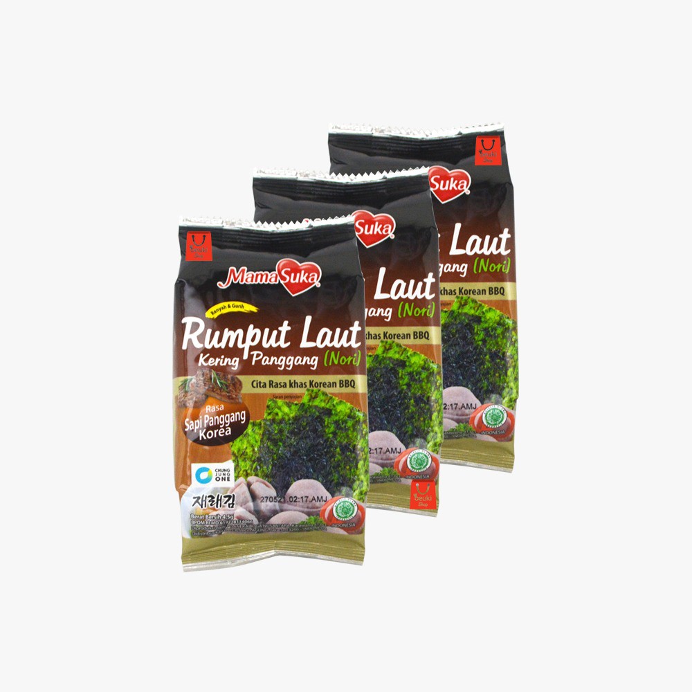 

3 PCS Mama Suka Rumput Laut Sapi Panggang Seaweed Nori Kering Rasa Korean BBQ - 3pcs x 4.5gr