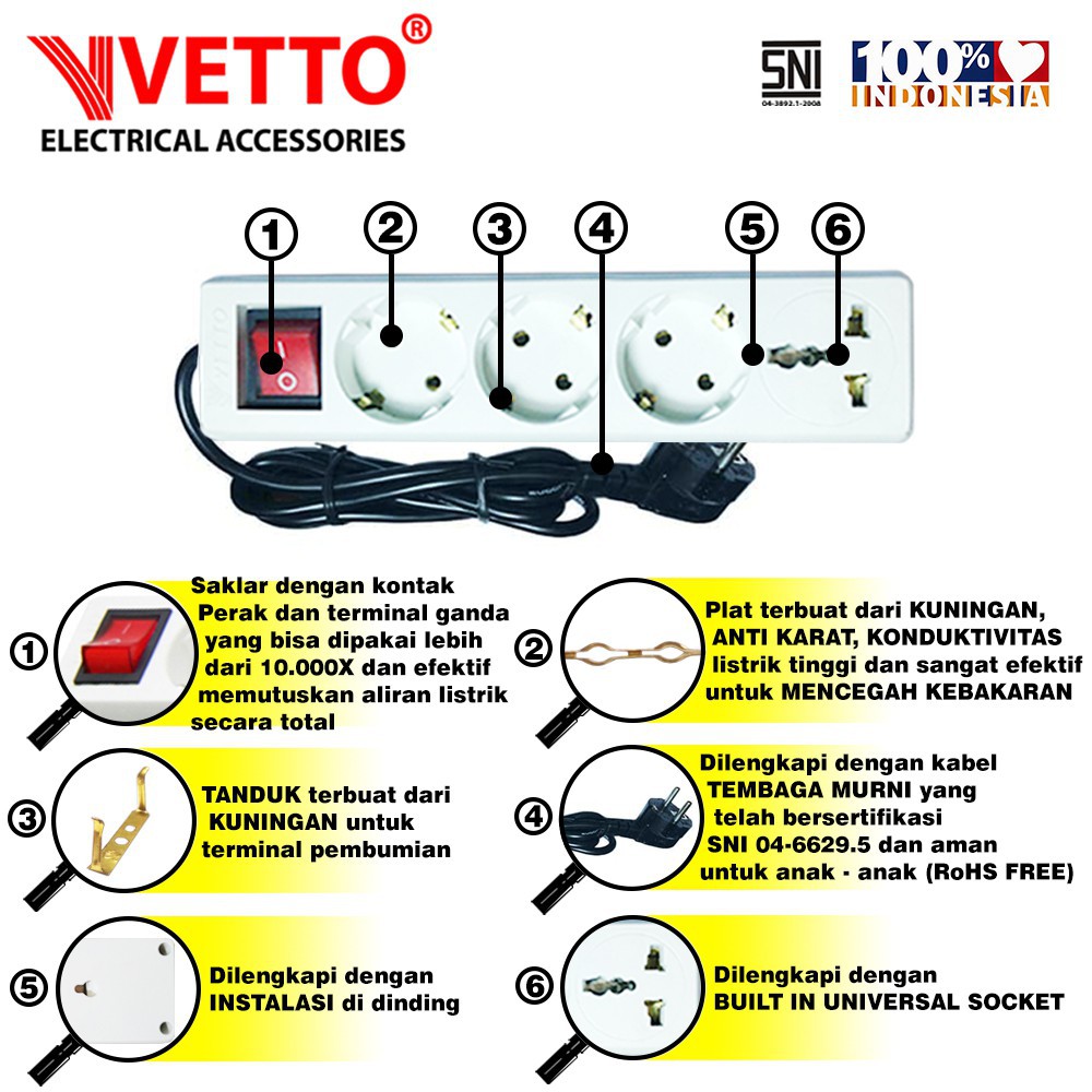 VETTO V8204 Stop kontak 4 Lubang Switch + Universal - 3 Meter