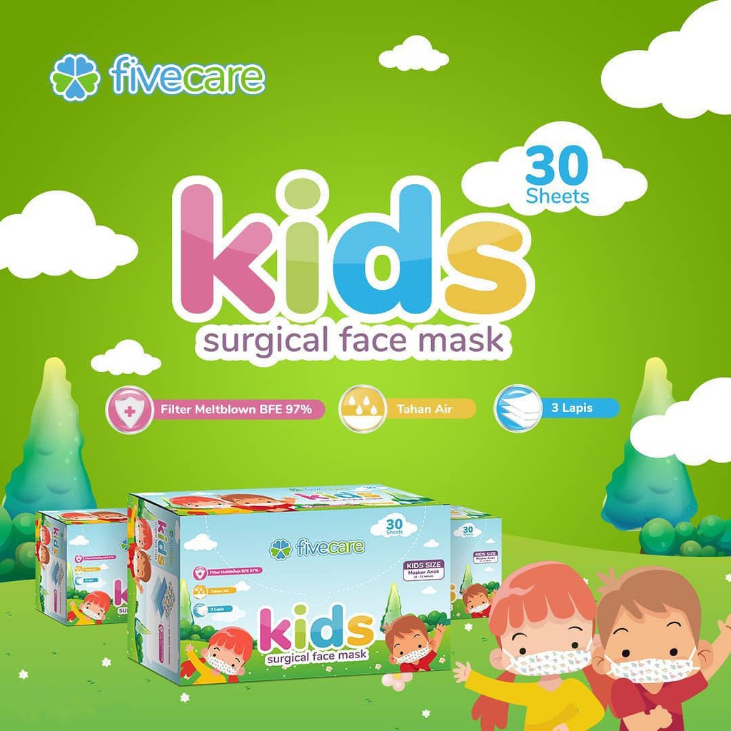 MASKER FACE MASK 3 ply Five Care KIDS ISI 30 pcs SURGICAL MASK