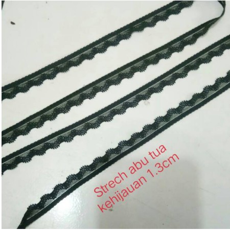 

Renda strech warna 1.2cm - 1.5cm, gulungan panjang 15yard (13.5 meter).