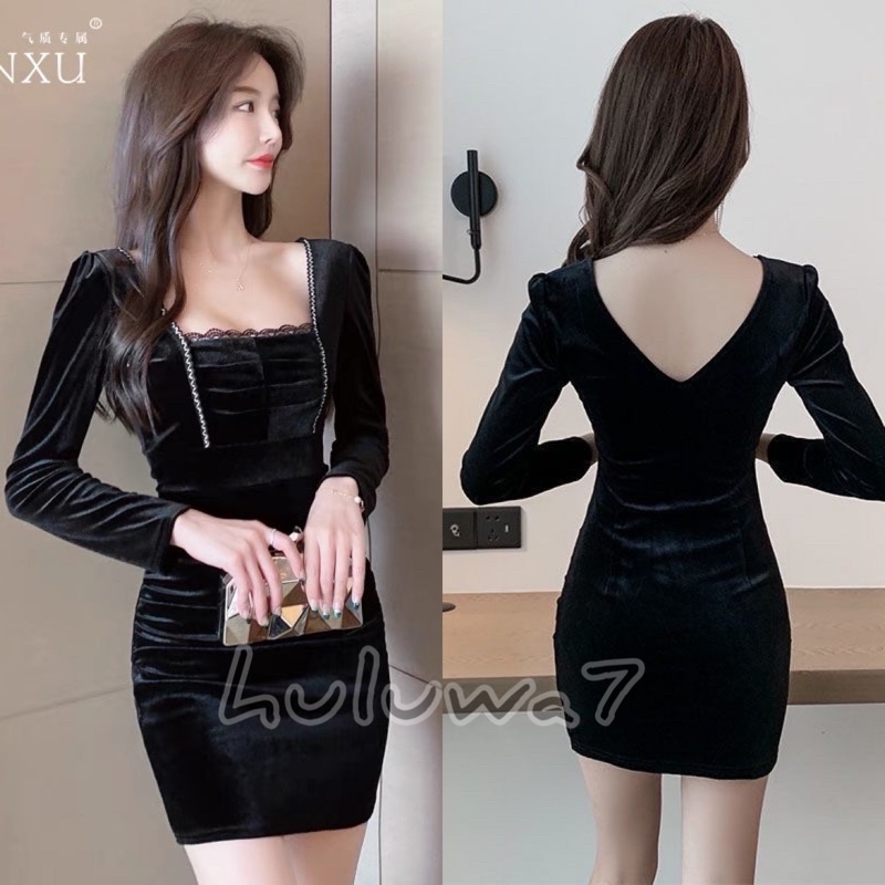 Md20/248 Korean velvet mini dress bodycon long sleeve square neck / Gaun pendek lengan panjang leher kotak bludru