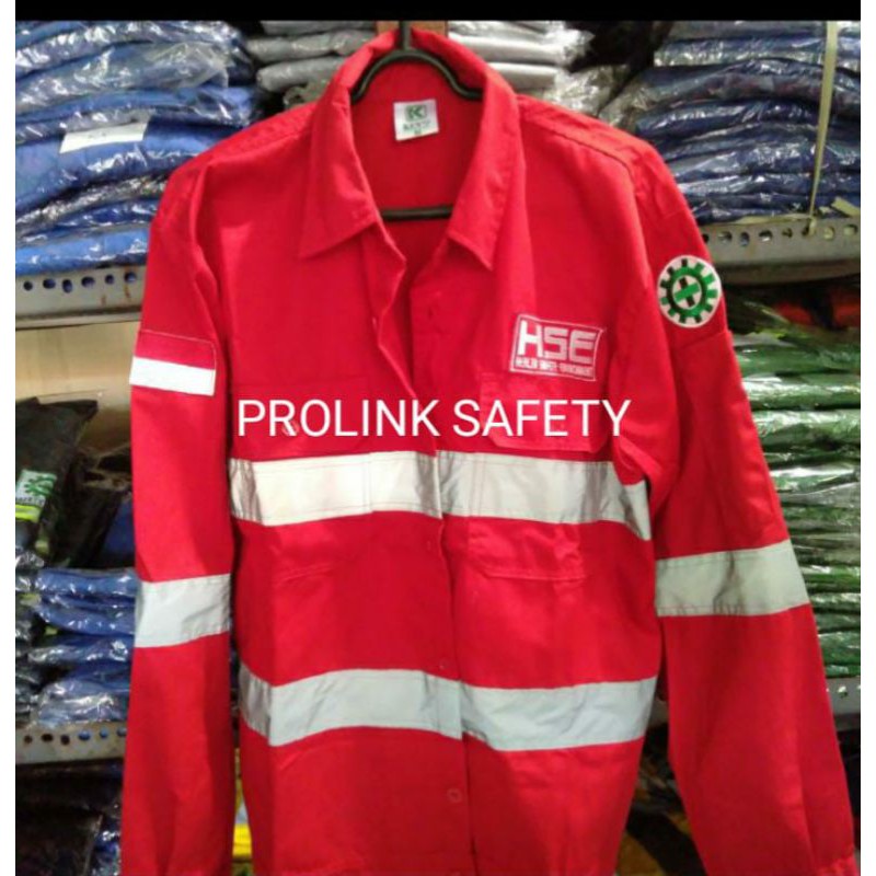 SERAGAM SAFETY MERAH HSE ATASAN KANCING FREE LOGO