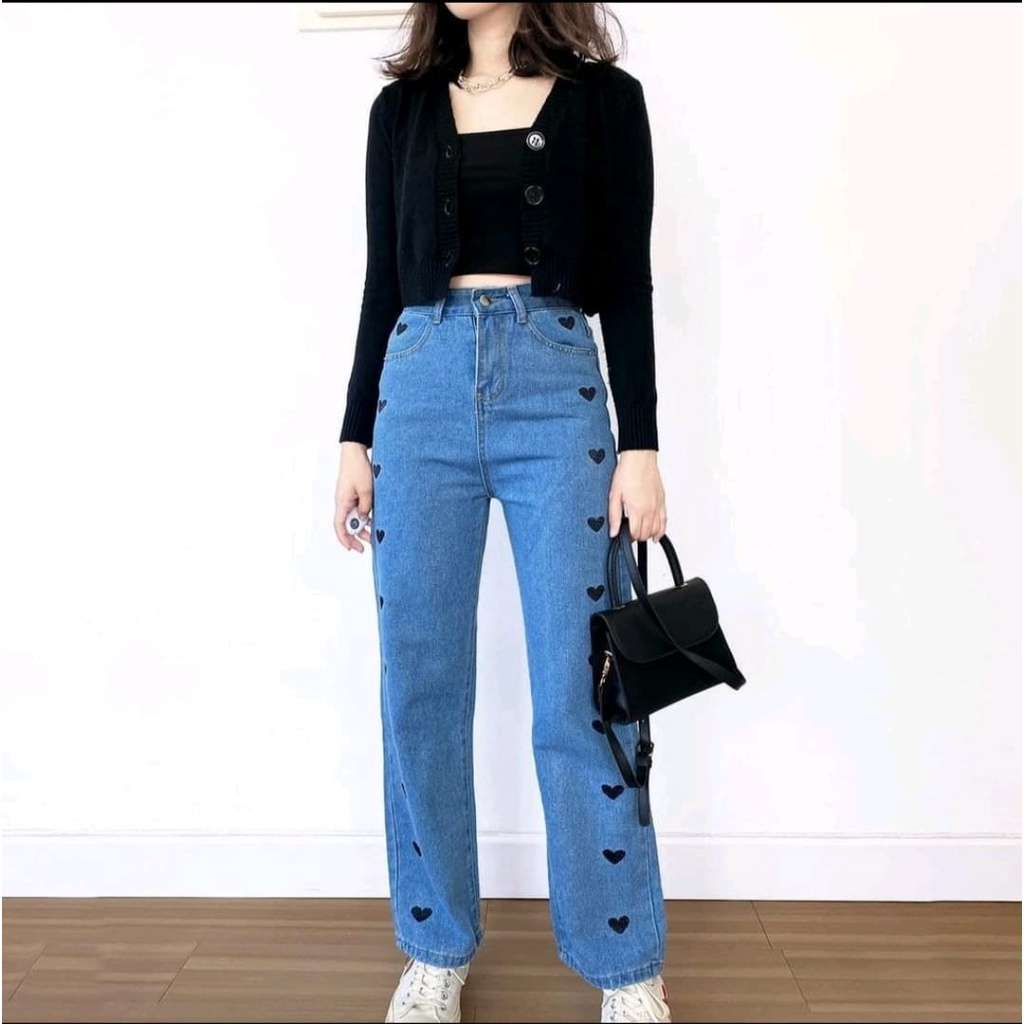 YAOSHI-Celana Panjang Kulot Jeans High waist wanita BF Jeans Bordir Love Sablon  Gaya Korea