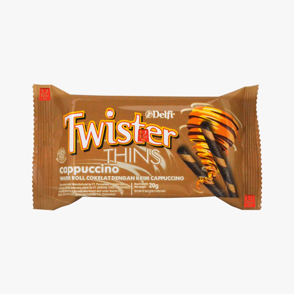 

Delfi Twister Thins Cappuccino Wafer Roll Coklat dengan Krim Cappucino Eceran - 20gr