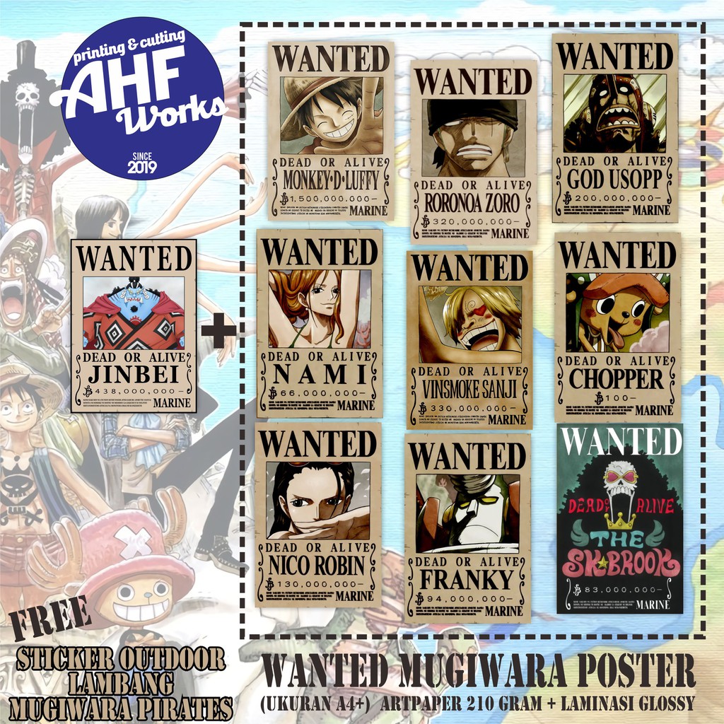 BOUNTY POSTER WANTED ONE PIECE FREE STICKER OUTDOOR