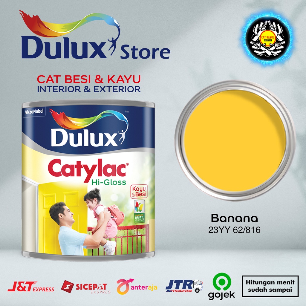 CAT MINYAK CAT KAYU DAN BESI DULUX CATYLAC HI-GLOSS 1 KG WARNA BANANA 23YY 62/816 KUNING TUA PISANG ORANGE 1KG CAT KUSEN PINTU JENDELA ENAMEL ANTI KARAT ANTI RAYAP GOJEK HIGLOSS VGLOSS V-GLOSS AVIAN BEE BRAND 1000 JUNIOR EXTERIOR TERMURAH DI MEDAN BINJAI