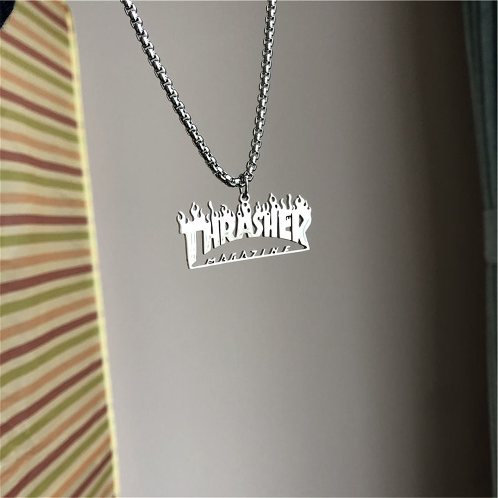 【COD Tangding】Kalung Rantai Dengan Liontin Api Thrasher Majalah Gaya Hip Hop Untuk Pria