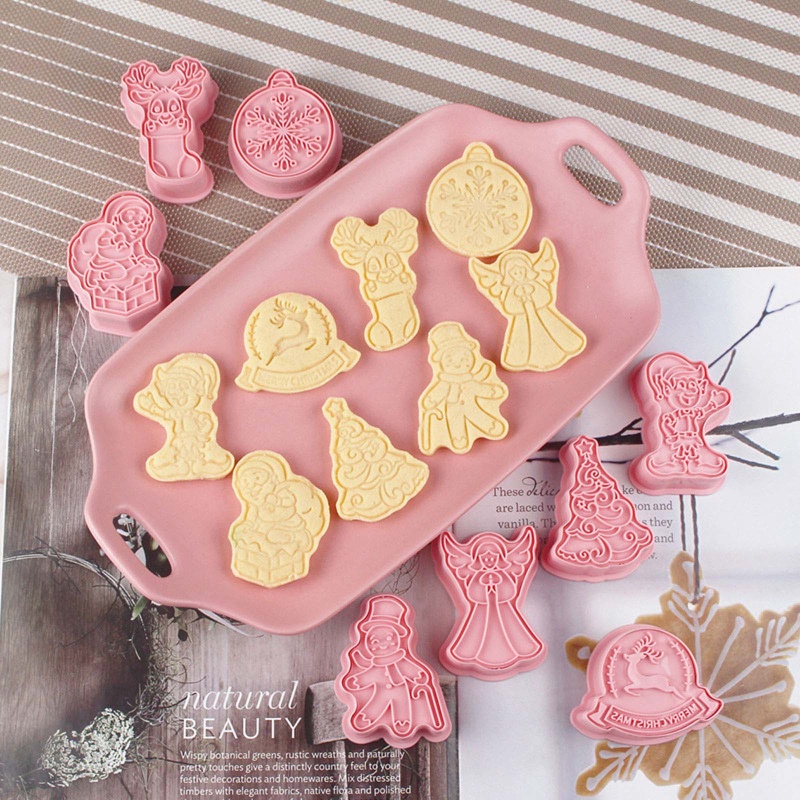 8pcs / Set Cetakan Biskuit / Fondant / Permen / Kue Kering Bahan Plastik Model Dorong Untuk Natal