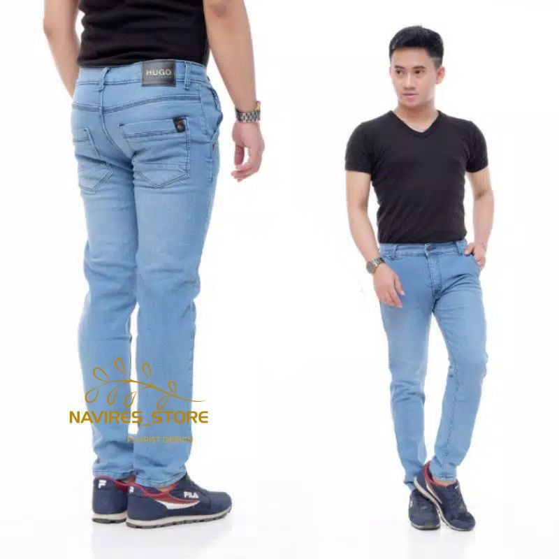 Celana jeans pria panjang slim fit skiny hitam pensil reguler jumbo