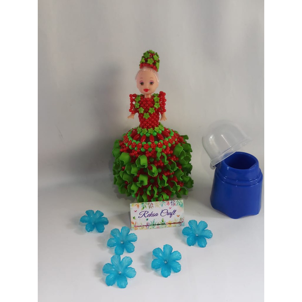 Tempat Tusuk Gigi Barbie Gaun Mote Manik Manik Merah Hijau