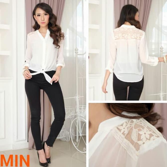 FASHION WANITA  BAJU BRANDED BOM FASH - KEMEJA WANITA LENGAN PANJANG - WARNA PUTIH {PRODUK