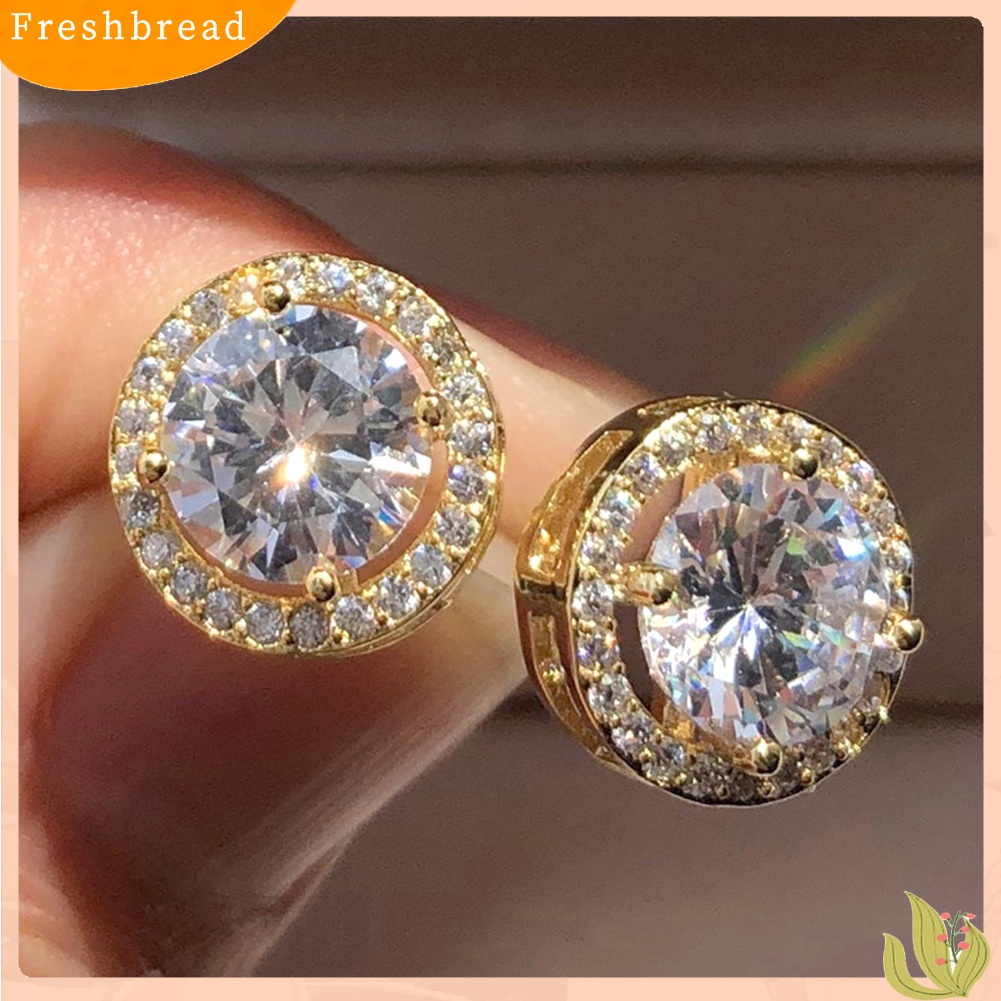 Fresh| Anting Stud Bentuk Bulat Aksen Berlian Imitasi Bahan Alloy Untuk Wanita