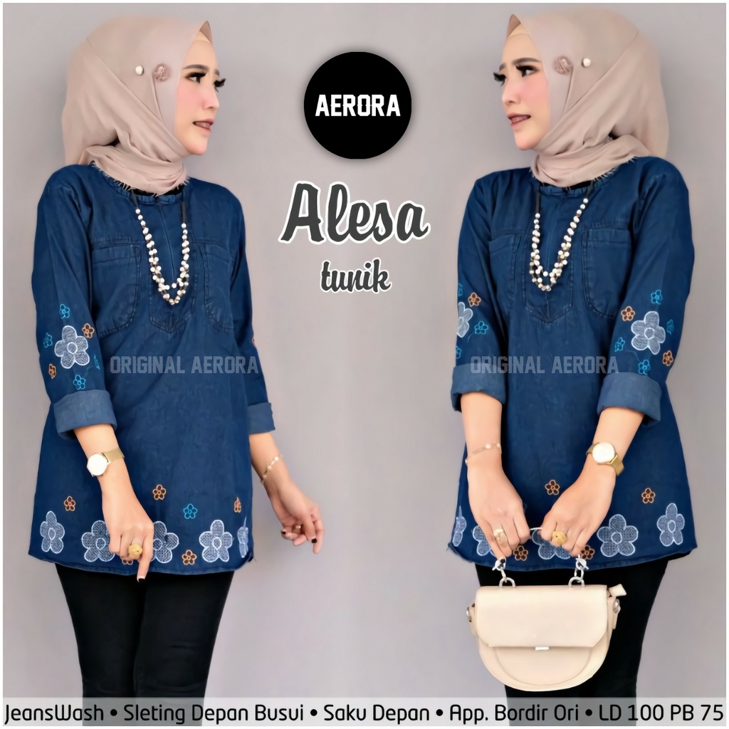 Baju Atasan Tunik Jeans Denim Wanita Terbaru 2022 Bordir Bunga Simpel Kekinian Premium Ld 100 P 75 New Alesa Tunik Allsize