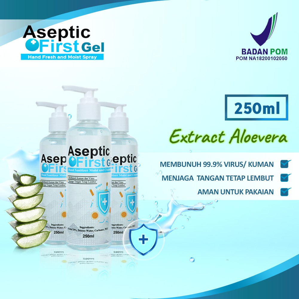 HANDSANITIZER GEL PUMP 250ML ASEPTIC FIRST GEL ANTIBACTERIAL LEMBUT DIKULIT - ECER GROSIR