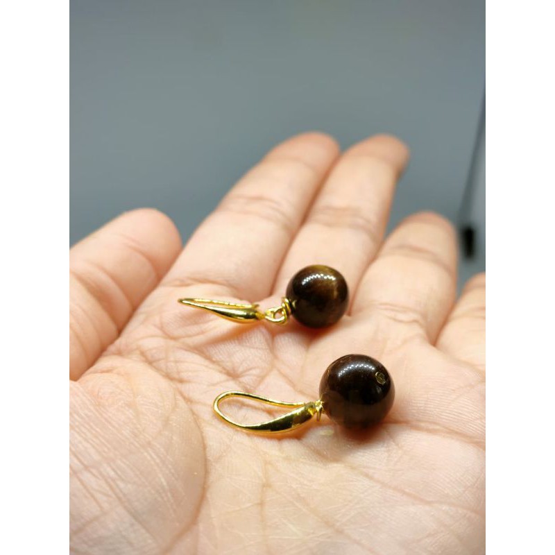 Anting Rhodium Batu Tiger Eye Free Kotak