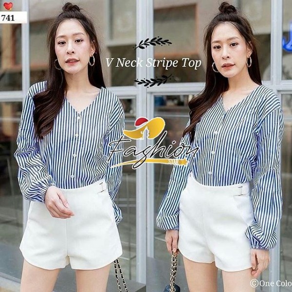 BLOUSE PAKAIAN WANITA V NECK STRIPE TOP BLUE LONG HAND | X150
