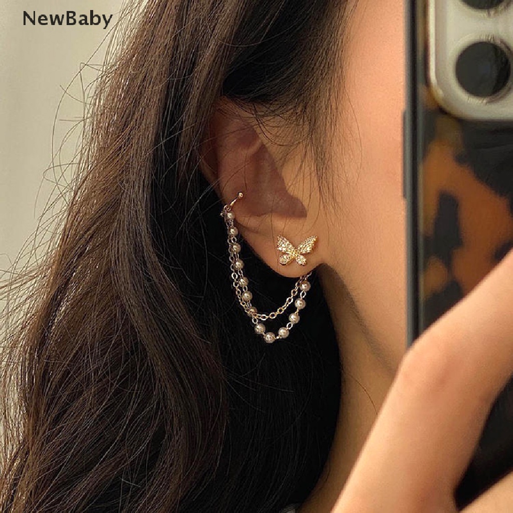 NewBaby Korean Elegant Rhinestone Butterfly Stud Earring With Metal Chain For Women Girl ID