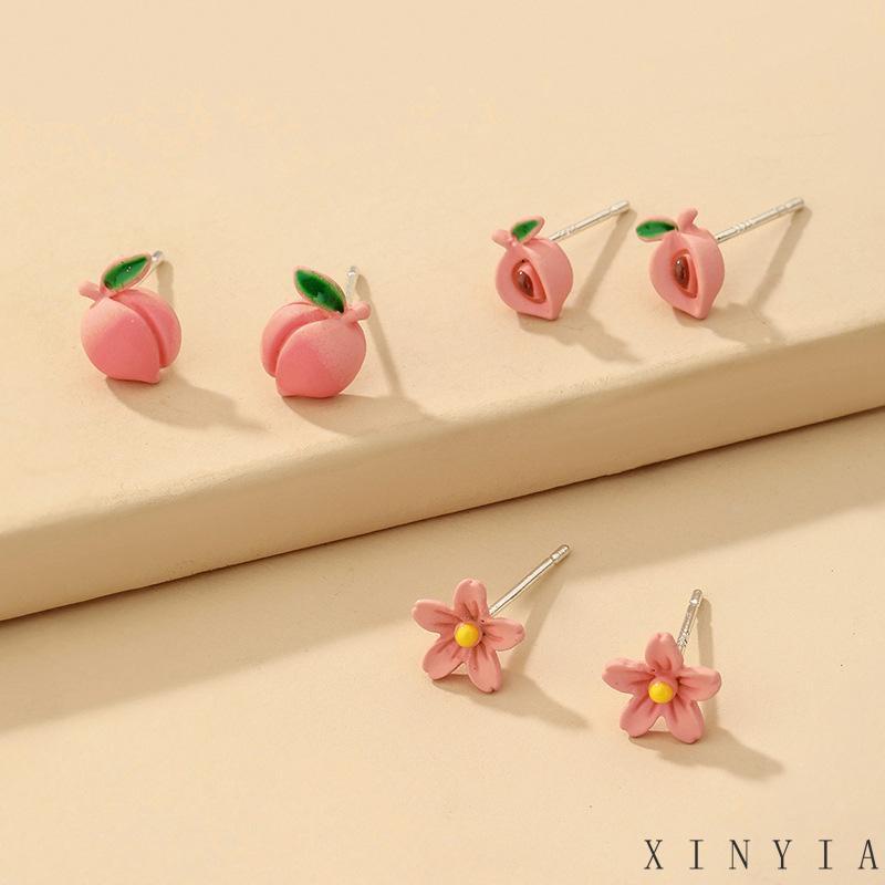 3 Pasang Anting Tusuk Bentuk Buah Peach / Bunga Untuk Wanita