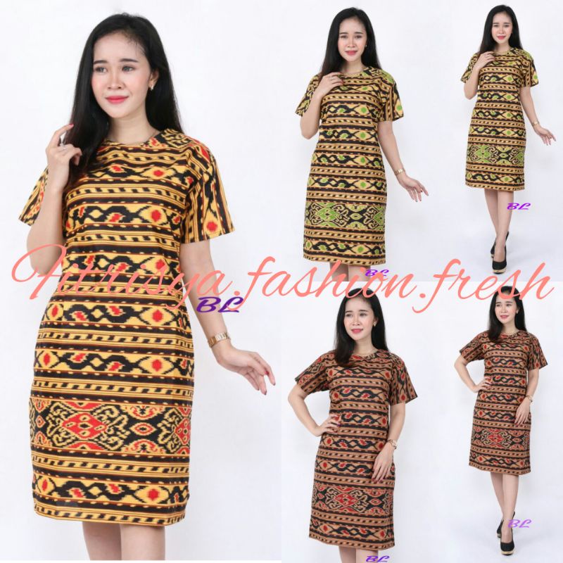 TUNIK DRESS BATIK WANITA JUMBO XXXXL / 4L LENGAN PENDEK MOTIF SONGKET KUNING KOMBINASI
