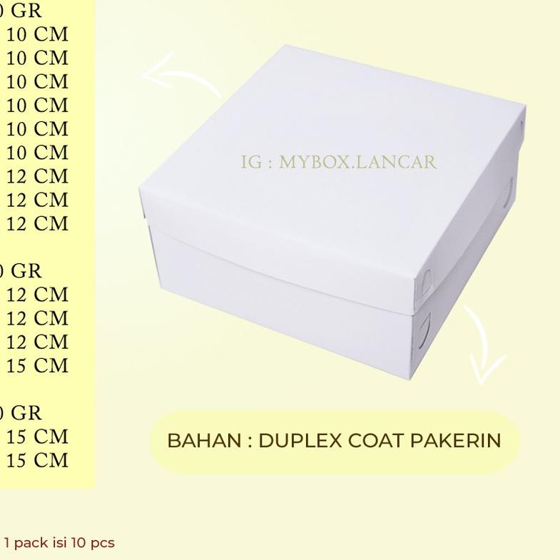 

(10 LEMBAR) BOX TART PUTIH 20 X 20 X 10 CM, DUS TART PUTIH TUTUP PISAH , KEMASAN TAR KUE