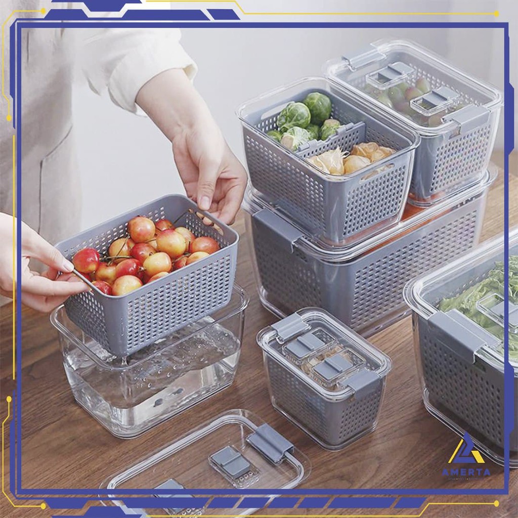 Kotak Kontainer Drainer Kitchen Storage Food Box 1.7L Makanan Kulkas