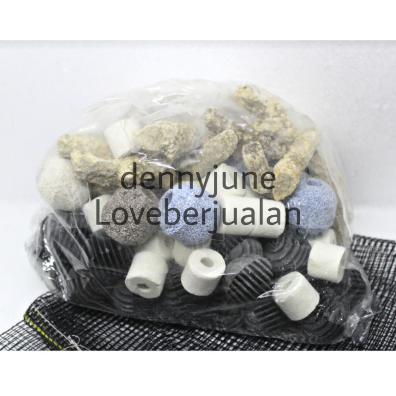 Paket 1KG Media Filter aquarium Lengkap jaring, super bio ring, bioball, ceramic ring, karang jahe