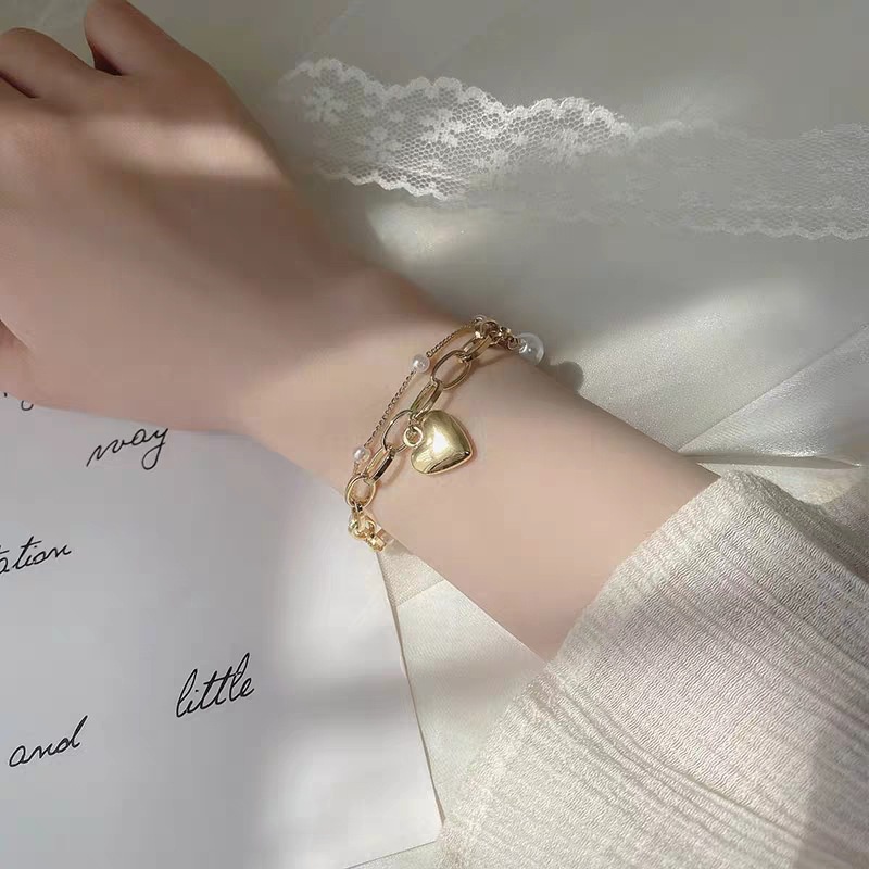 Gelang Mutiara Double Layer Dengan Liontin Hati Untuk Wanita