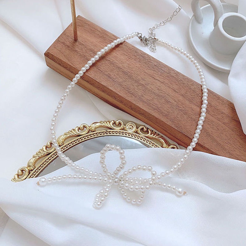 IFYOU Korean Fashion Bowknot Necklace Ladies Pearl Chain Choker Women Jewelry Accessories